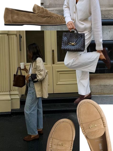 Suede Loafers | SheerLuxe Suede Loafers Outfit Women, Tan Loafers Outfit Women, Tan Loafers Outfit, Suede Loafers Outfit, Loafers Outfit Women, Loafer Outfits, Suede Loafers Women, Loafers Trend, Loafers Outfit