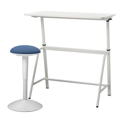 NILSERIK/GLADHÖJDEN - desk+sit/stand support, white/dark blue | IKEA Hong Kong and Macau Living Room Workspace, Floor Desk, Desk Stool, Blue Desk, Kitchen Dresser, Mini Desk, Plastic Edging, Desk Height, Stand Desk