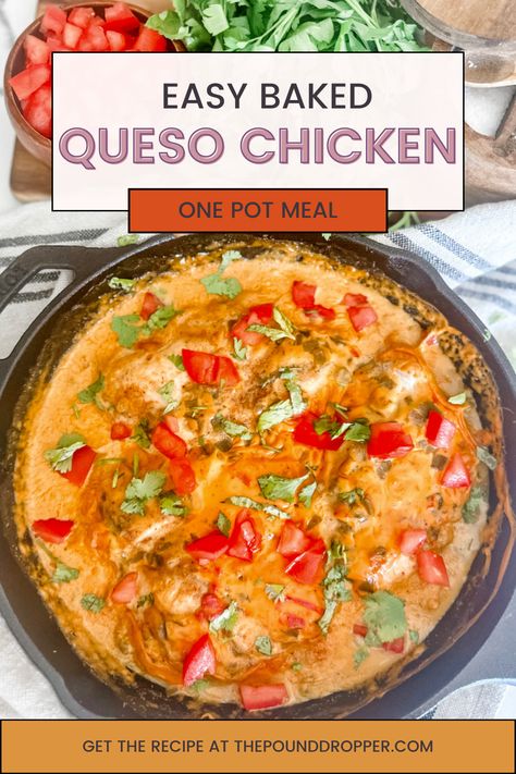 This Easy Baked Queso Chicken makes for a quick and easy meal! Skinless, boneless chicken breasts baked in gooey con queso cheese sauce! Made with just a few ingredients, a 5 minute prep time, and in just one pan- it's a dinner recipe that your family will love and it's guaranteed to be devoured! via @pounddropper Baked Queso Chicken, Red Pepper Queso Chicken, Ww Dips, Queso Cheese Sauce, Baked Queso, Baked Boneless Chicken Breast, Queso Chicken, Ww Dinner, Baked Sandwiches