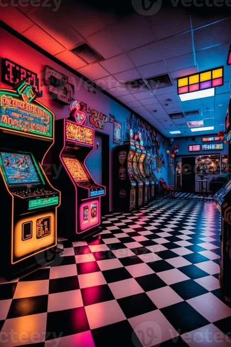 Arcade Room Aesthetic, Arcade Layout, 70s Arcade, 80s Arcade Aesthetic, Retro Arcade Aesthetic, Arcade Background, Abandoned Arcade, Arcade Interior, Arcade Wallpaper