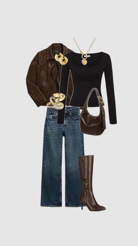 Black And Brown Fall Outfits, Brown Black And White Outfit, Dark Brown Color Combinations Outfits, Brown And Black Outfits, Outfit With Brown Boots, Outfits With Brown Boots, Black Brown Outfit, Tan Jeans Outfit, Brown And Black Outfit