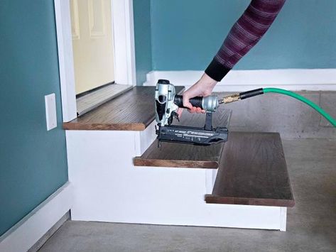 How to Build Garage Steps | HGTV Build Garage, Building Steps, Garage Steps, Garage Stairs, Mud Room Garage, Farmhouse Trim, Garage Entryway, Garage Party, Garage Organization Tips