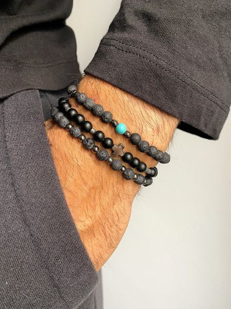 Black Beads Bracelet, Buddhist Beads, Mens Bracelet Black, Black Beaded Bracelets, Types Of Gifts, Metal Cross, Men's Bracelet, Mens Beaded Bracelets, Lava Bead