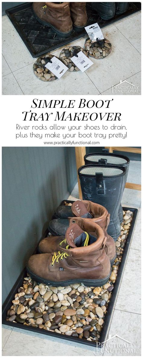 Give a plain boot tray a 2 minute makeover with river rocks; they allow your shoes to drain and make the tray look pretty! Rock Shoe Tray, Shoe Tray Ideas, Shoe Tray Entryway, Tray Makeover, Shoe Tray, Kolam Koi, Mud Room Entry, Boot Tray, Rock Boots