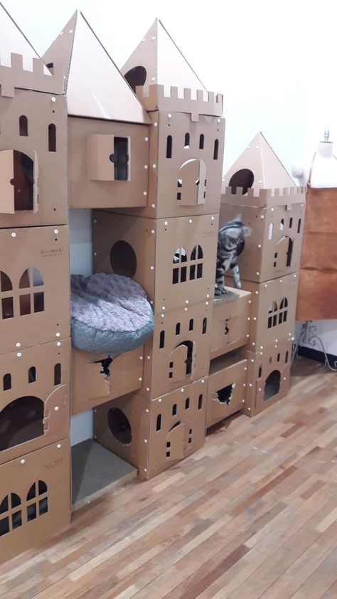 Katze Katt Diy, Katt Grejer, Cardboard Cat House, Cat Castle, Cardboard Castle, Diy Cat Tree, Cat House Diy, Cat Towers, Diy Cat Toys