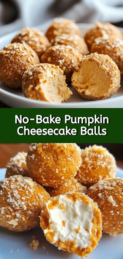 Craving a delightful fall dessert without the fuss? Discover these No-Bake Pumpkin Cheesecake Balls! Perfectly spiced and irresistibly creamy, these bite-sized treats capture the essence of autumn in every mouthful. With minimal prep required, they’re an effortless indulgence for any occasion. Whether you're hosting a cozy gathering or simply satisfying a sweet tooth, these pumpkin delights are sure to impress and can be enjoyed at any time of the day! Embrace the season with this easy and delicious recipe tailored for those who love the rich flavors of fall. No Bake Pumpkin Desserts Easy Recipes, Easy No Bake Pumpkin Cheesecake Balls, Pumpkin Cream Cheese Desserts, Pumpkin Recipes No Bake, No Bake Pumpkin Cheesecake Balls, Pumpkin Desserts Easy, Pumpkin Cheescake, Pumpkin Cheesecake Balls, Pumpkin Baking Recipes