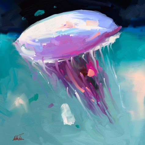 Jellyfish, digital oil painting by Mikko Tyllinen. Beautiful painting with gorgeous colors. Jellyfish Oil Pastel, Jellyfish Painting, Street Art Utopia, Blue Jellyfish, Digital Oil Painting, Figure Sketching, Artist Blog, Art Daily, Digital Paintings