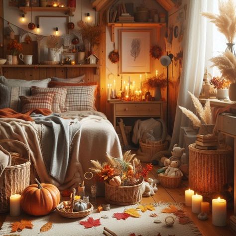 Autumnal interior decorations in these warm cluttered rooms 🍂🍁🕯️ Images made with AI #aiart #digitalart #cluttercore #homedesign #dreamhome #fall #fallvibes #autumn Wall Decor Room Ideas, Fall Aesthetic Bedroom, House Room Design, Cozy Fall Room Decor, Cozy Fall Room, Fall Room Ideas, Remodeling Room, Autumn Room, Room Organization Bedroom