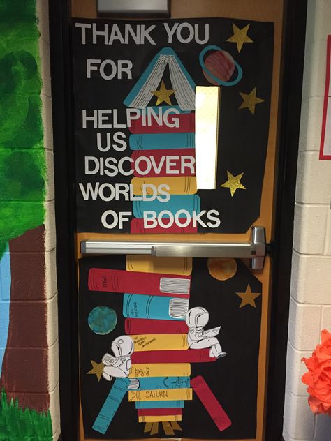 Teacher Appreciation Week - Library Door - Outer Space Theme Space Library Theme, Outer Space School Theme, Space Door Decorations, Space Door Decorations Classroom, Library Door Ideas, Space School Theme, Space Theme School, Teacher Appreciation Week Door, Space Classroom Theme