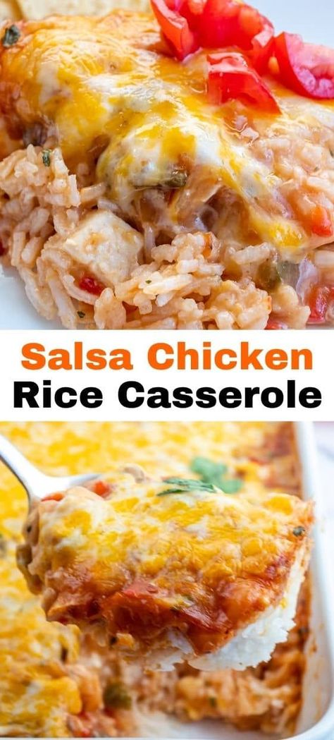 This Mexican chicken casserole with rice tastes like a deconstructed burrito minus the tortilla. It’s like heaven in a bowl. Steaming white rice and chunks of chicken are baked with a mixture of cream of chicken and mushrooms and salsa, all topped with gooey melted cheese. White Rice Casserole Recipes, Casseroles With Rice, Meals With White Rice, Chicken Burrito Casserole, Chicken Casserole With Rice, Salsa Chicken Casserole, Casserole With Rice, Heaven In A Bowl, Mexican Chicken And Rice