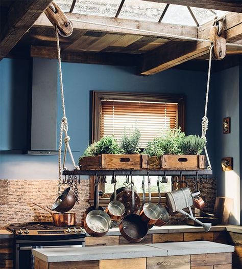 pot rack on a pulley system!  LOOK at the cool skylight...makes sense to put herbs on the shelf: Rustic Pot Racks, Pot Rack Hanging, Pulley System, Kitschy Kitchen, Diy Pots, Kitchen Pot, Pot Rack, Hanging Pots, Kitchen Rack