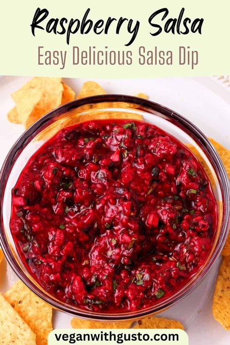 Easy Homemade Raspberry Salsa Recipe Raspberry Salsa Recipe, Raspberry Salsa, Vegan Pizza Sauce, Black Bean Tostadas, Bean Tostadas, Bowl Recipes Easy, Homemade Chipotle, Strawberry Salsa, Vegan Lentil Soup