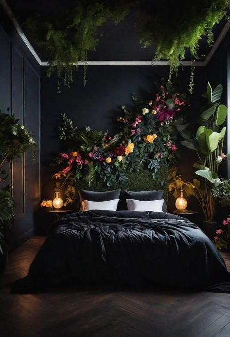 Black On Black Room, Black Maximalist Bedroom, Moody Feminine Aesthetic, Moody Neutral Bedroom, Dark Elegant Bedroom, Black Accent Wall Bedroom, Dark Romantic Bedroom, Dark Green Rooms, Bedroom Upstairs