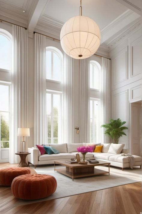 Neutral With Pop Of Color Living Room, Living Room With High Ceilings, Designed Living Room, Room With High Ceilings, Parisian Living Room, White Sectional Sofa, Double Height Living Room, White Sectional, Living Room Decor Neutral