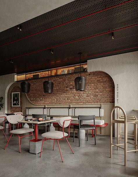 MASHWNA RESTAURANT IN JIZAN :: Behance Industrial Theme Restaurant, Red Accent Chairs, Industrial Restaurant Interior, Arabian Restaurant, Cafe Space, Insignia Design, Shoe Store Design, New Cairo, Urban Design Graphics