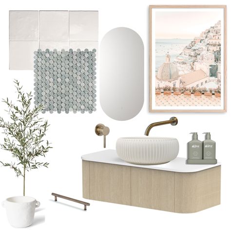 Fluted Concrete, White Square Tiles, Coastal Oak, Different Decorating Styles, Shower Basin, Design Mood Board, Concrete Basin, Penny Round, Free Mirror