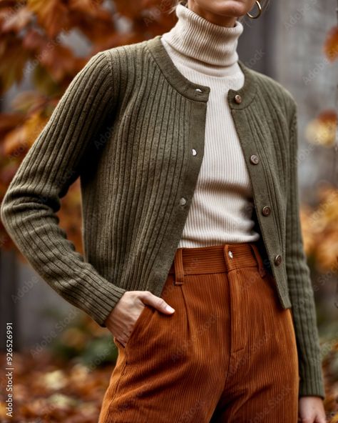 Sustainable Autumn Fashion: Soft Ribbed Cardigan & Organic Cotton Turtleneck for Earthy Fall Vibes Stock Photo Earth Tones Outfit, Earth Tone Outfits, Natural Clothing Style, Cotton Turtleneck, Natural Clothing, Cold Weather Fashion, Ribbed Cardigan, Green Outfit, Warm Outfits