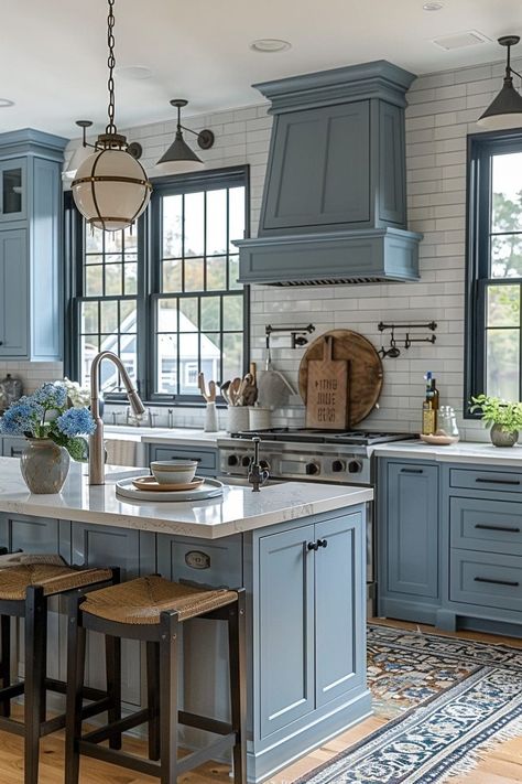 Homey Kitchen Aesthetic, Decorating Aesthetic, Kichen Design, Italy Kitchen, Light Blue Kitchens, Серая Кухня, Blue Kitchen Cabinets, التصميم الخارجي للمنزل, Coastal Kitchen