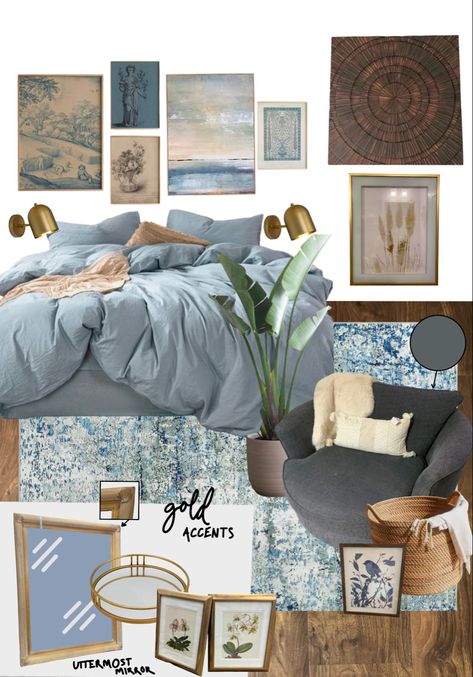 beach bohemian design board with blue hues and gold and natural wood accents Light Blue Bedding Ideas Color Palettes, Blue And Rattan Bedroom, Brown And Blue Room Decor Bedroom, Light Blue Maximalist Bedroom, Light Blue Comforter Bedroom Ideas, Blue And White Boho Bedroom, Light Blue And Brown Bedroom, Blue Boho Room, Tan And Blue Bedroom