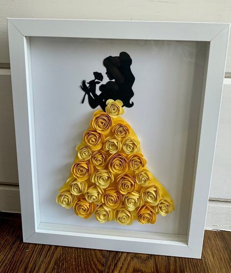 Cricut Projects Disney, Beauty And The Beast Room Decor, 3d Flower Shadow Box Ideas, 3d Picture Frame Ideas, Disney Diy Decorations, Diy Disney Gifts, Cricut 3d Flowers, Disney Cricut Projects, Cricut Projects Gifts