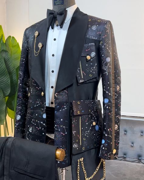 “Elevate your style game with this sleek inscripted black tuxedo suit. 🌌✨ The detachable patch pockets add a twist to classic elegance. Perfect for those who dare to stand out. #TuxedoStyle #FashionForward” #okxeel #lagosweddings #abujaweddings #bellanaija #bellanaijawedding Celestial Tuxedo, Mens Night Suit, Star Suit, Black Tuxedo Suit, Tuxedo Style, Bella Naija Weddings, Night Suit, Black Tuxedo, Tuxedo Suit