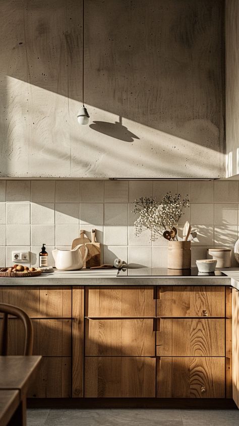 Limewash Range Hood, Concrete And Wood Interior, Concrete And Wood Kitchen, Interior Design Concrete, Concrete Kitchens, Colorado Interior Design, Modern Industrial Living Room, Trendy Kitchen Design, Japandi Kitchen