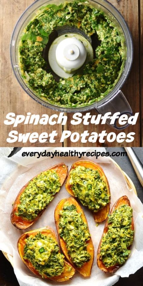 Side Salads, Stuffed Sweet Potatoes, Sweet Potato Spinach, Spinach Feta, Stuffed Sweet Potato Healthy, Tasty Vegetarian Recipes, Healthy Side, Spinach Recipes, Spinach And Feta