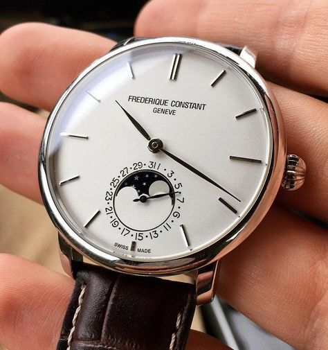 Frederique Constant on Instagram: “Up close with the classic and elegant #FrederiqueConstant Manufacture Slimline Moonphase courtesy of @jimi_blaze ! Get this watch by…” Frederic Constant Watches, Frederique Constant, Time Keeper, Watch Companies, Military Watches, Dress Watch, Men's Watches, Mechanical Watch, Wrist Watches