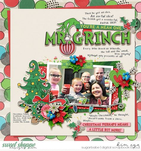 Digital scrapbook layout (Grinch) using Adventure: Christmas collection by Studio Flergs (found at Sweet Shoppe Designs) Christmas Digital Art, Project Life App, Christmas Scrapbook Layouts, Mr Grinch, Doodle Frame, Disney Scrapbooking Layouts, Vacation Scrapbook, Christmas Traditions Family, Christmas Layouts