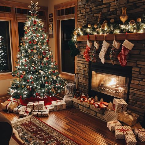 Cozy Christmas Scene: A beautifully decorated Christmas tree stands by a warm fireplace adorned with festive stockings in a cozy room. #christmas #fireplace #stockings #tree #gifts #aiart #aiphoto #stockcake ⬇️ Download and 📝 Prompt 👉 https://ayr.app/l/QEyK Christmas Tree Fireplace, Christmas Tree Stands, Christmas Tree And Fireplace, Fireplace Stockings, Fake Fireplace, Warm Fireplace, Third Rail, Tree Gifts, Tree Stands