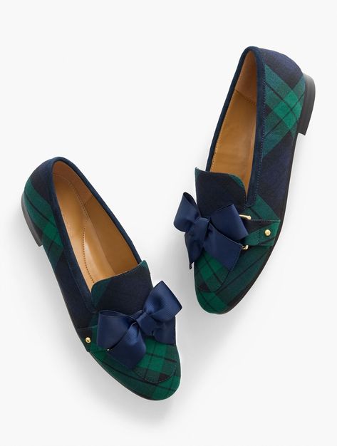 Katelyn Bow Loafers - Snowfall Plaid | Talbots Blackwatch Plaid, Trendy Bows, Preppy Fall, Purple Outfits, Fall Capsule Wardrobe, Sneaker Slippers, Kitten Heel Pumps, Classic Women, Classic Style Women