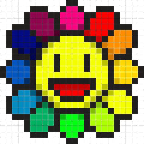 Murakami Flower NFT Lol Perler Bead Pattern | Bead Sprites | Misc Fuse Bead Patterns Murakami Flower Pixel Art, Kidcore Perler Bead Patterns, Rave Perler Pattern Trippy, Perler Bead Flower Patterns, Kandi Perler Pattern, Flower Perler Bead Patterns, Flower Grid Pattern, Trippy Perler Bead Patterns, Perler Bead Flower