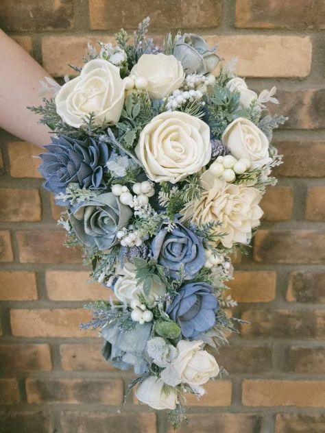 Dusty Blue Wedding Bouquet, Bouquet Dusty Blue, Christmas Wedding Bouquets, Wooden Flower Bouquet, Sterling Gray, Ashley Green, Winter Greens, Wood Flower Bouquet, Cascading Wedding Bouquets