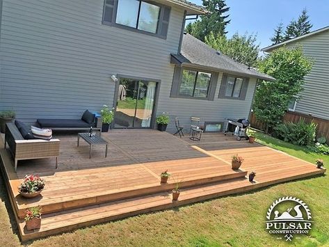 Ranch Home Deck Ideas, Low Decks Without Railings, Deck Attached To House, Deck To Patio Transition, Split Level Deck, Multi Level Deck Ideas, Small Backyard Decks, Deck Step, Backyard Decks