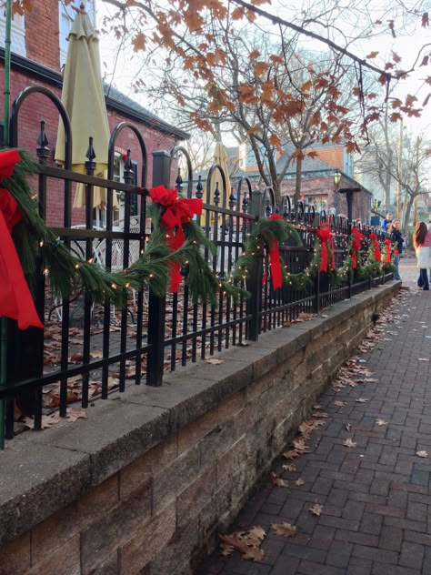 Black wrought iron fence decorated with fresh garland, lights & red bows! Located in Old Town St. Charles, MO Christmas Gate Decorations Entrance, Fences Decorated For Christmas, Fence Garland Christmas, Christmas Decor Ideas Outdoor Fence, Outdoor Fence Christmas Decorating Ideas, Fence Christmas Lights, Garland On Fence, Christmas Fence Decor, Fence Christmas Decorating Ideas