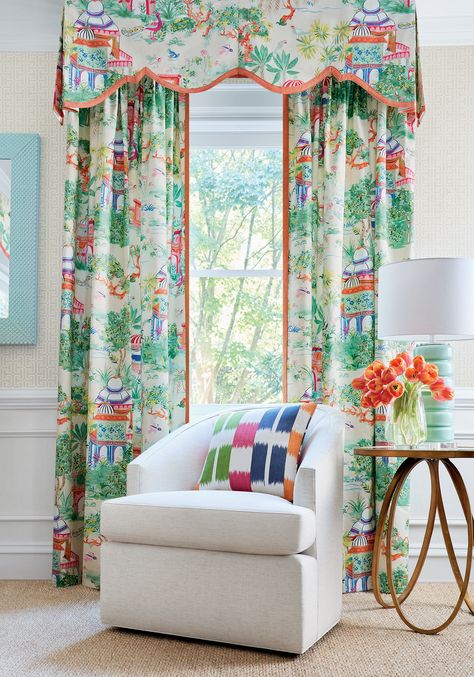 Chinoiserie Window Treatments, Chinoiserie Drapes Window Treatments, Grand Millennial Curtains, Chinoiserie Drapes, Chinoiserie Curtains, Mystic Garden, Chinoiserie Fabric, Thibaut Wallpaper, Garden Fabric