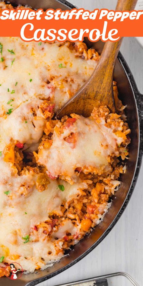 A 30 minute recipe! This stuffed pepper casserole is made right on top of the stove in a big skillet. That means you get ALL the tangy tomato flavor and beefy goodness without having to preheat the oven. One pot means easy cleanup, too! Easy Bell Pepper Casserole, Unstuffed Pepper Skillet Ground Beef, Easy Stuff Bell Pepper Casserole, One Pot Unstuffed Pepper Skillet, Stuffed Pepper Skillet, Undone Stuffed Pepper Casserole, Skillet Casserole, Pepper Skillet, Pepper Casserole