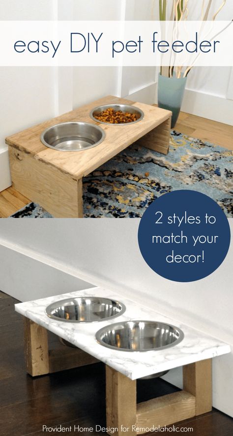 Build an easy DIY dog food bowl stand using scrap pieces. Perfect for small dogs and puppies and it only costs a few dollars to build. Diy Dog Food Stand, Dog Food Stand, Dog Food Stands, Pet Bowl Stand, Dog Feeding Bowls, Diy Dog Food, Food Stand, Easy Pets, Dog Bowl Stand