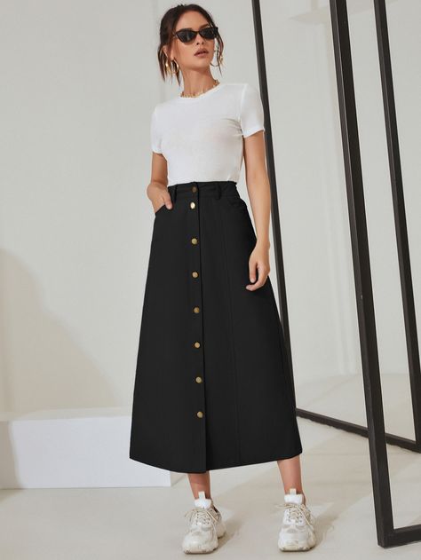 Black Casual   Cotton Plain A Line Embellished Non-Stretch Spring/Summer/Fall Women Bottoms Button Skirt Outfit, Black Long Skirt Outfit, Skirt Outfit Casual, Black Cotton Skirt, Fashion Fall Outfits, Black Skirt Outfits, Button Midi Skirt, Long Skirt Fashion, Midi Skirt Outfit