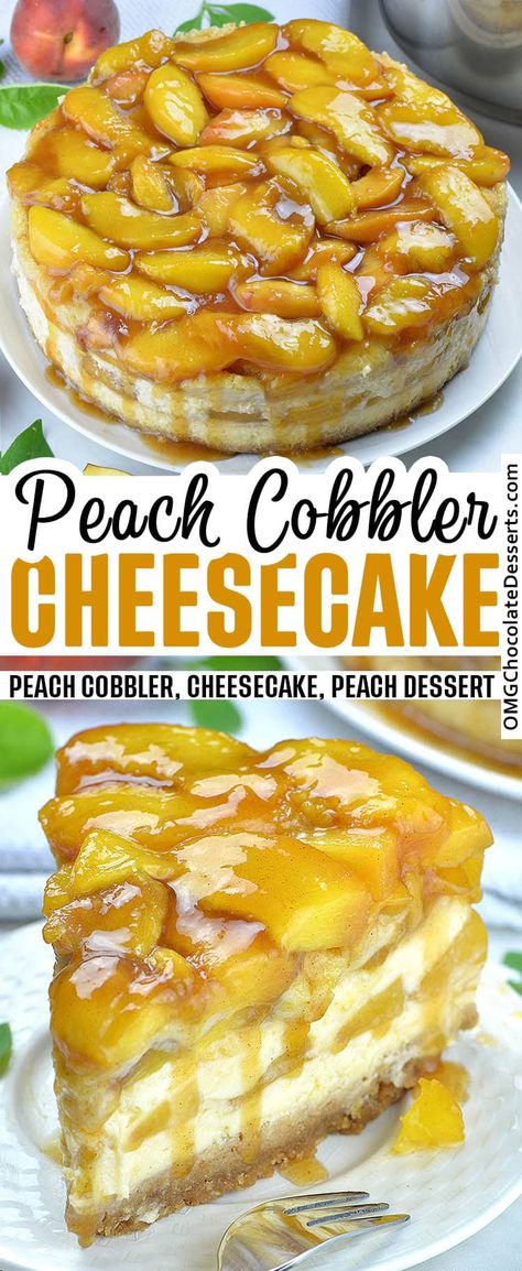 Unique Cheesecake Recipes, Peach Cobbler Cheesecake Recipe, Peach Cobbler Cheesecake, Caramelized Peaches, Peach Cheesecake, Southern Peach Cobbler, Fruit Cheesecake, Cobbler Topping, Banana Pudding Cheesecake