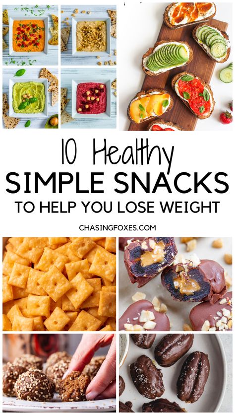 Collage image for healthy snacks. Two images up top, a white space with a title underneath, and four images on the bottom. Title reads "10 Healthy Simple Snacks to Help You Lose Weight." Healthy Simple Snacks, Healthy Midnight Snacks, Easy To Make Meals, Prepped Meals, Fast Healthy Snacks, Healthy Savory Snacks, Simple Snacks, Healthy Christmas Recipes, Guilt Free Snacks