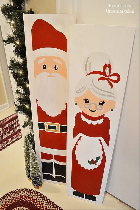 Mr and Mrs Claus Porch Sitter Signs Mrs Claus Decorations, Mrs Claus Painting, Stenciled Porch, Red Chalk Paint, Mr And Mrs Claus, Mrs Santa Claus, Christmas Window Painting, Mrs Clause, Vintage Sled