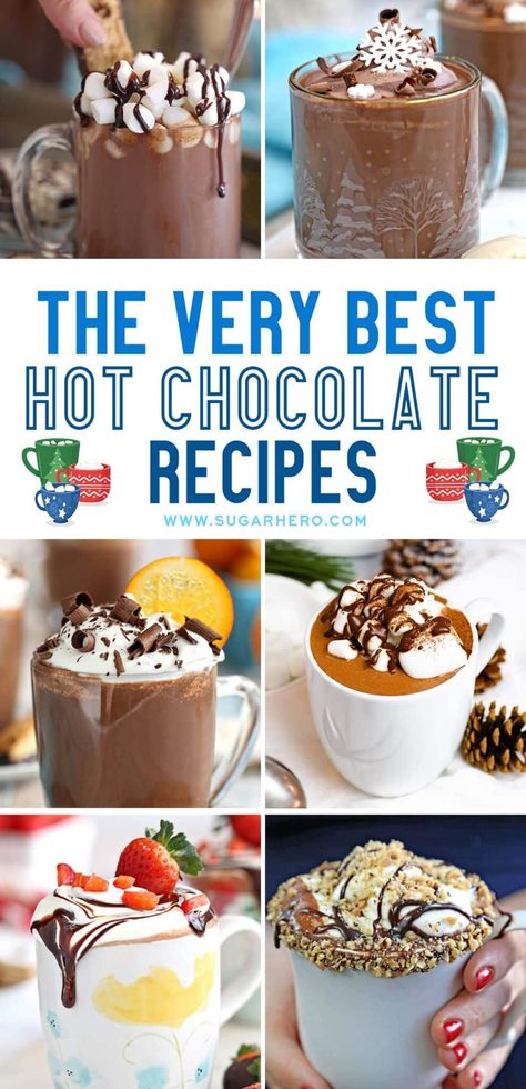 This collection of the best homemade hot chocolate recipes is for the hot cocoa lover! Get inspired by these delicious hot chocolate ideas, including white hot chocolate, slow cooker hot chocolate, and much more. #sugarhero #hotchocolate #hotchocolateideas #hotdrinks #hotchocolaterecipeforacrowd Things To Put In Hot Chocolate, Serving Hot Chocolate To A Crowd, Hot Chocolate Night Ideas, Serving Hot Chocolate At A Party, Christmas Hot Chocolate Recipes, Christmas Cocoa Recipe, Yummy Hot Chocolate Recipes, Hot Cocoa Night, Hot Chocolate Food Truck