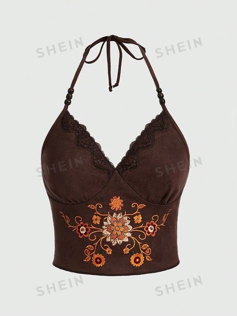 ROMWE Hippie Vintage 90s Bohemian Style Embroidered Floral Halter Top With Suede Fabric For Summer | SHEIN USA 90s Bohemian, Halter Cami Top, Vintage Halter Top, Floral Halter Top, Hippie Tops, Plus Size Tank Tops, Suede Fabric, Vintage Summer, Kids Beachwear