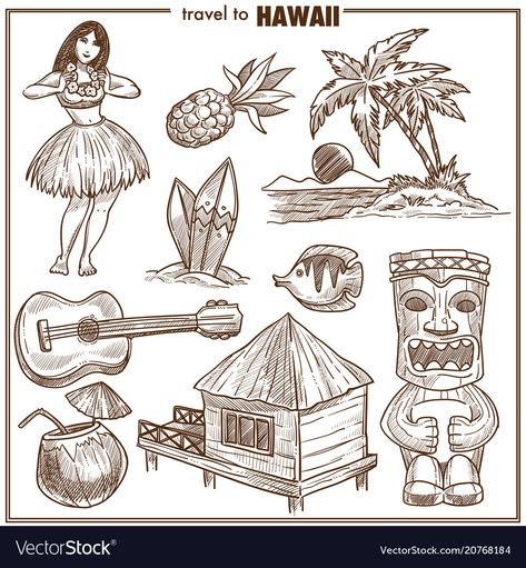 Tatouage Haida, Hawaii Drawing, Sage Cocktail, Hawaii Part Ii, Illustration Theme, Hawaii Scrapbook, Beach Sketches, Tato Tradisional, Beach Vector