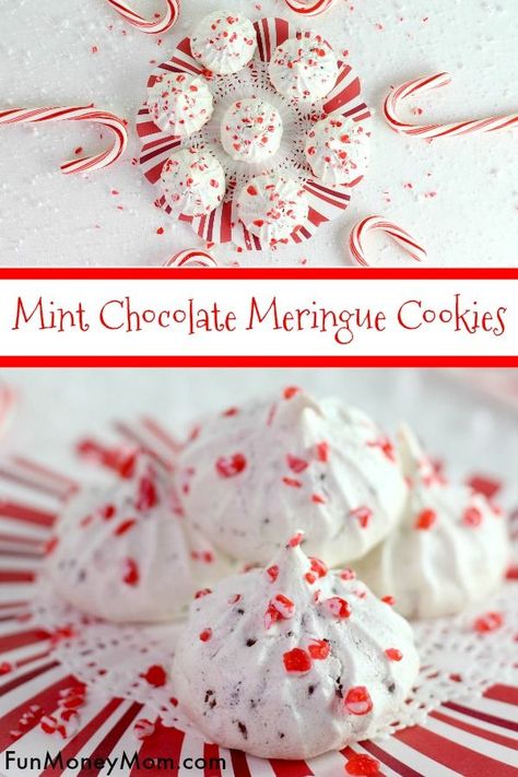 Meringue Cookies Christmas, Christmas Meringues, Chocolate Meringue Cookies, Peppermint Meringues, Meringue Cookie Recipe, Peppermint Recipes, Christmas Cookie Recipe, Chocolate Meringue, Bite Size Cookies