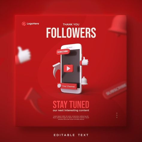 Thank you post for youtube followers wit... | Premium Psd #Freepik #psd #flyer #cover #template #social-media Youtube Followers, Thank You Poster, Youtube Thumbnail Design, Corporate Business Card Design, Thank You Template, Free Psd Flyer Templates, Render Design, Free Psd Flyer, Youtube Banner Template