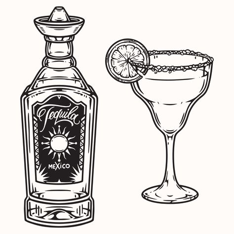 Tequila Bottle Tattoo, Tequila Illustration, Tequila Tattoo, Rose Outline Drawing, Lime Vector, Mexican Tequila, Cocktails Vector, Rose Outline, Valentines Day Drawing