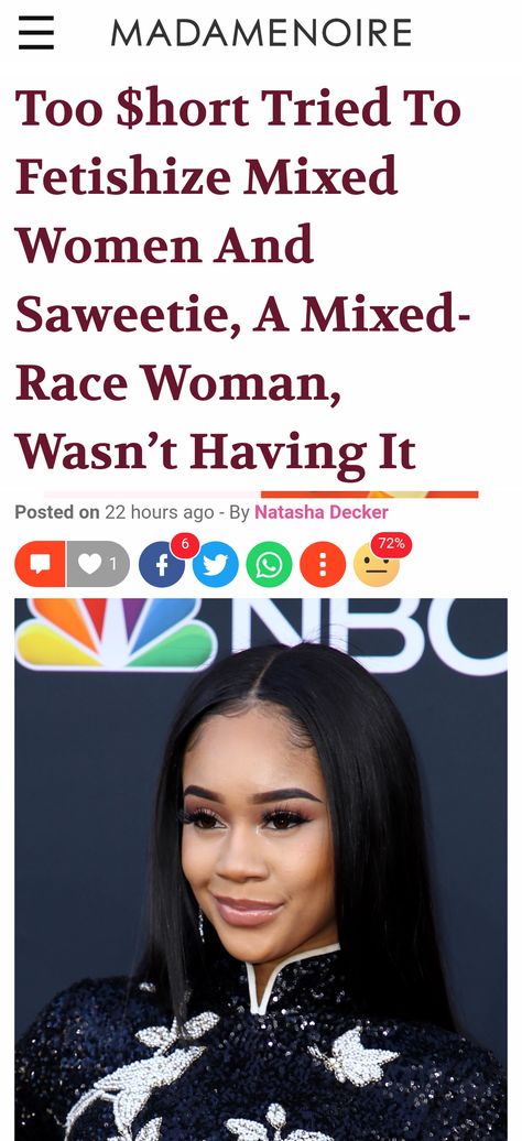 "In a recent Instagram Live, Saweetie gave fellow rapper Too $hort something to think about in a conversation about interracial relationships. While the Cali natives discussed dating, Too $hort made it known that he prefers “the mix,” as in mixed-race women, which Saweetie is. To his surprise though, Saweetie wasn’t feeling the fetishization." ~Natasha Decker Mixed Race Women, Interracial Relationships, Instagram Live, Made It, Cali, Black Women, Quick Saves, Instagram