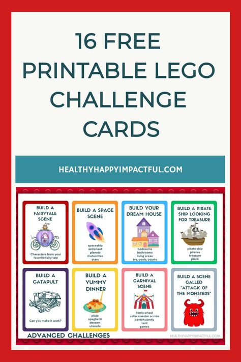 16 printable LEGO challenge cards with various themes such as fairytale, space, dream house, pirate ship, catapult, yummy dinner, carnival, and monsters. Lego Build Challenge, Lego Building Cards Free Printable, Lego Build Challenges For Kids, Lego Challenge Ideas, Lego Challenge Cards, Lego Challenges For Kids, Lego Stem Challenge, Lego Card, Riddles Kids